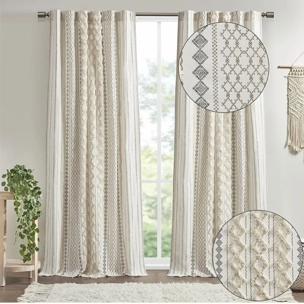 INK+IVY‎ Imani 100% Cotton Boho  Chenille Stripe Geometric Print Curtains
